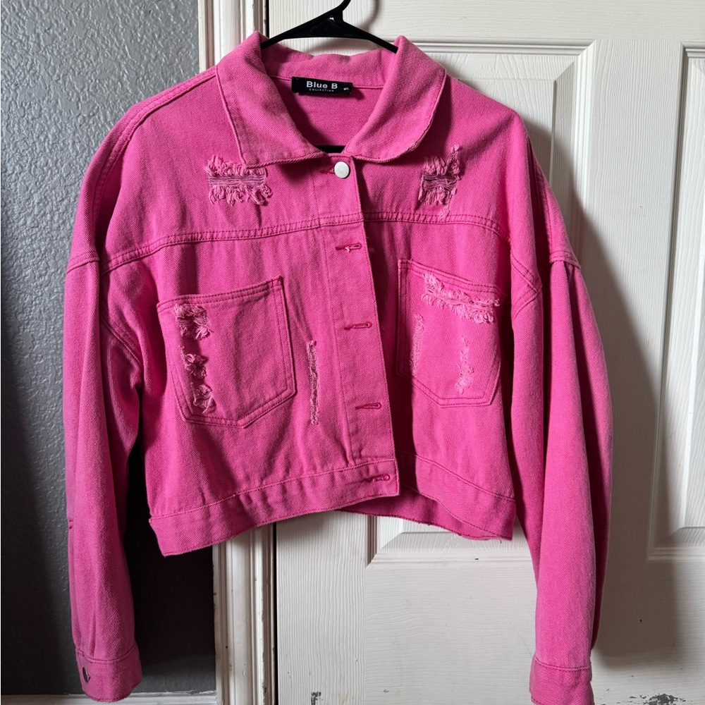Pink Denim Jacket W Rhinestones Distressed - Picture 3 of 4